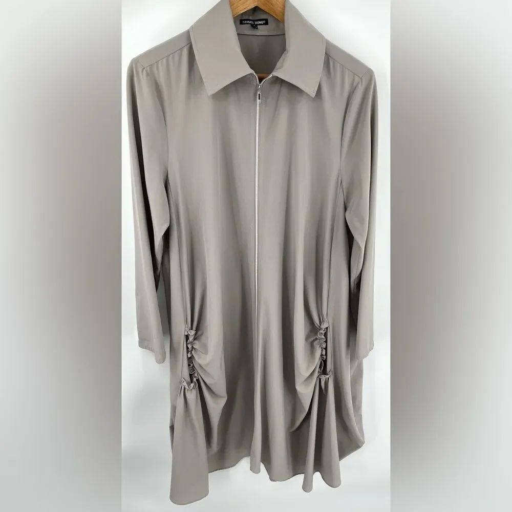 Samuel Dong women’s long full zip bubble jacket w pockets Greige Lagenlook Sz S